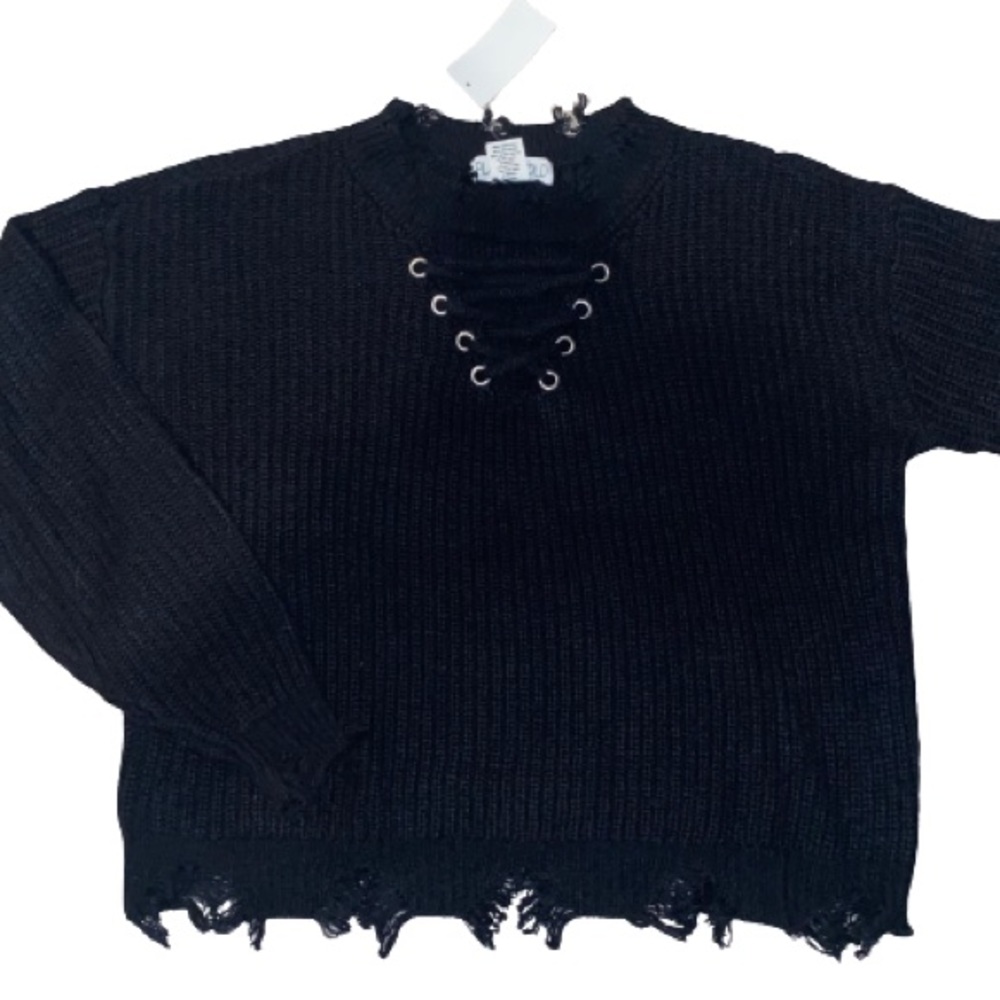 NWT Black Distressed Lace Up Cropped Sweater